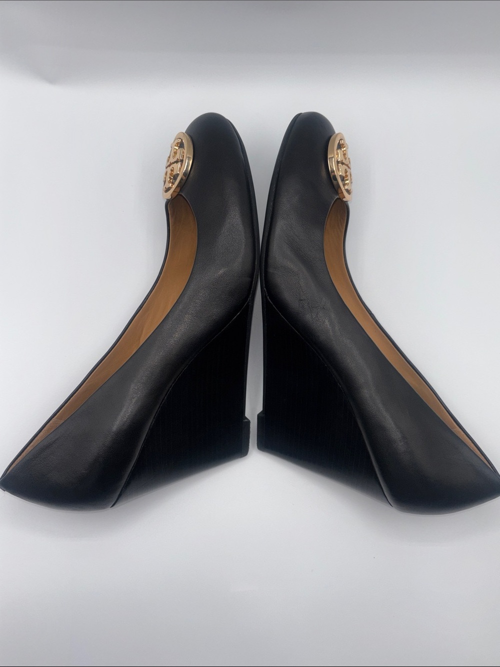 Tory Burch Black Leather Wedges with Gold Logo Medallion - Picture 9 of 12
